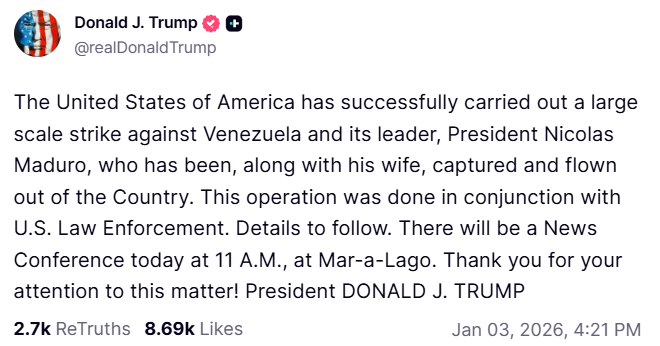 Trump: Mỹ đã bắt vợ chồng Tổng thống Venezuela Maduro