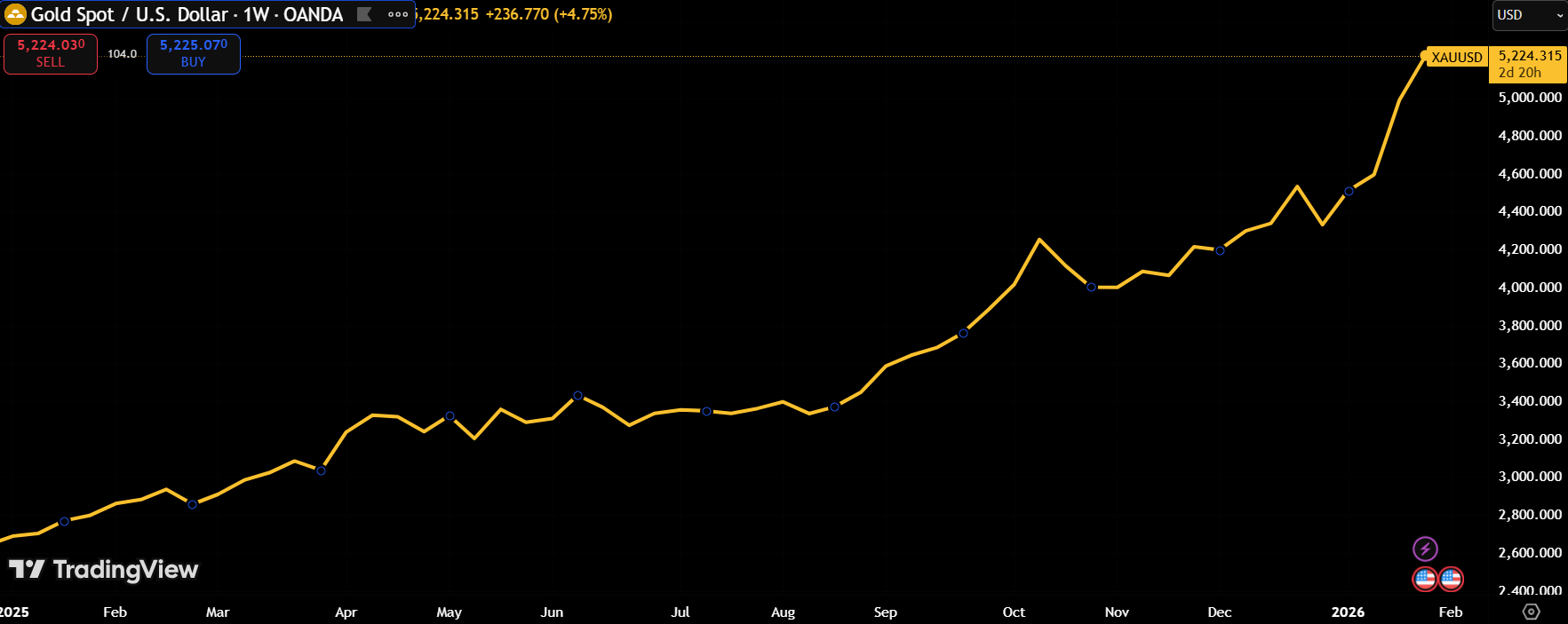 Giá vàng liên tục phá đỉnh trong đầu năm 2026 (Nguồn: TradingView)
