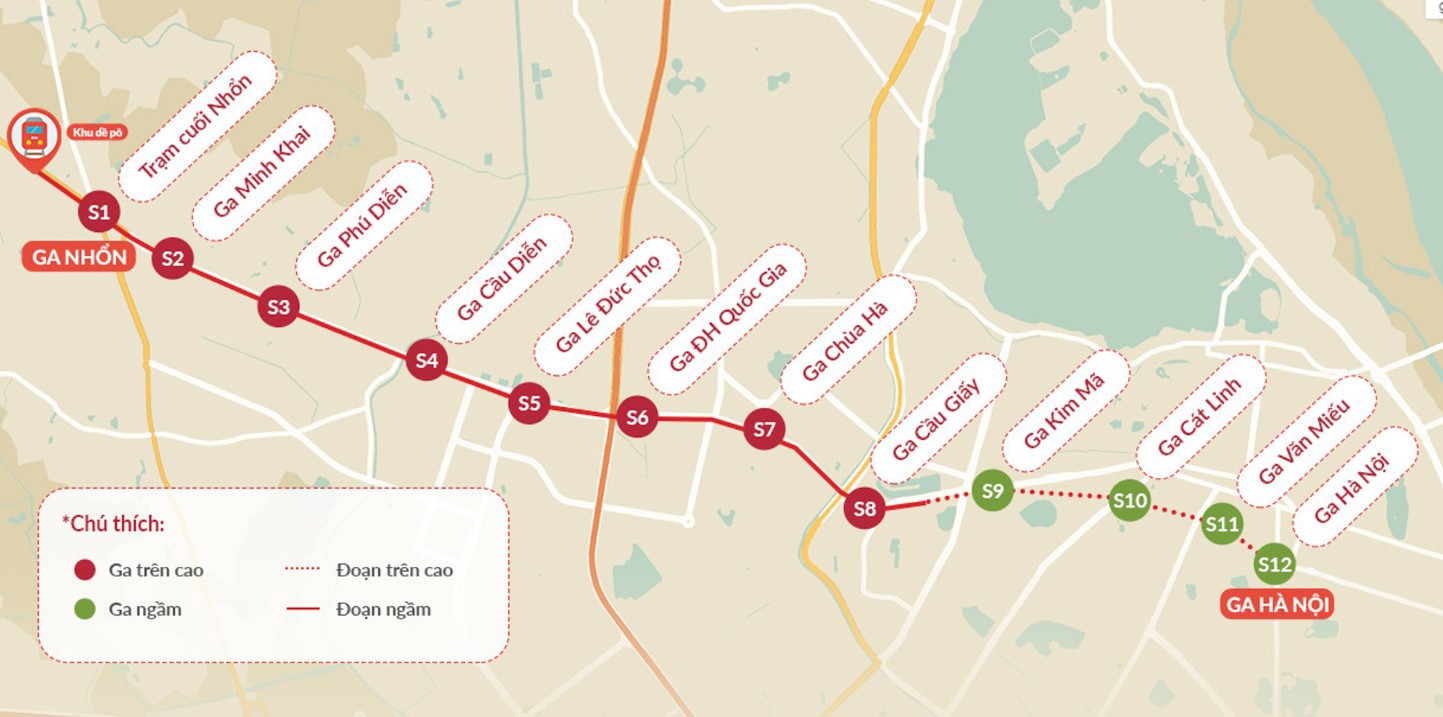 Sơ đồ tuyến đường sắt đô thị số 3 Nhổn – Hà Nội (Ảnh: nguoiduatin.vn)