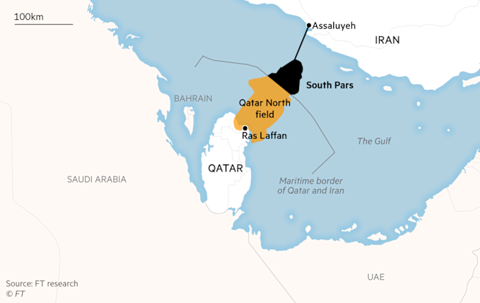 Mỏ South Pars/North Dome là một mỏ khí ngưng tụ tự nhiên nằm ở Vịnh Ba Tư . Đây là mỏ khí tự nhiên lớn nhất thế giới cho đến nay , với quyền sở hữu mỏ được chia sẻ giữa Iran và Qatar  (Ảnh: FT)