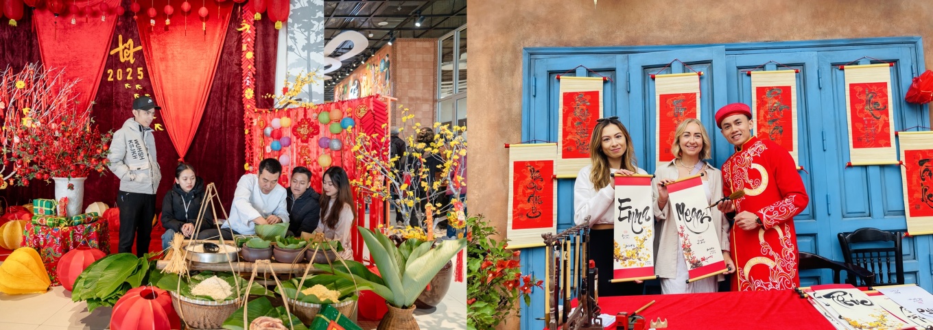 Hoạt động nấu bánh chưng, viết câu đối đỏ đặc trưng ngày Tết trên đỉnh Bà Nà. Ảnh: Sun Group