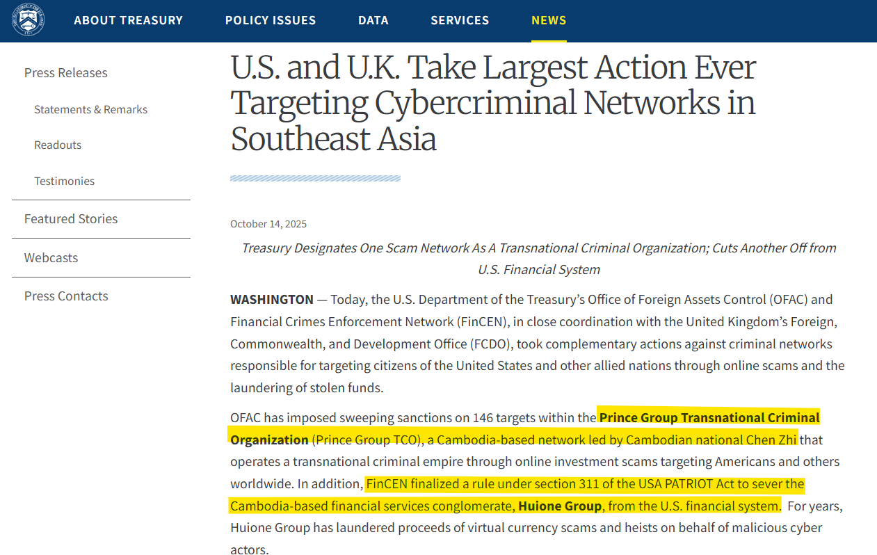 Thông cáo báo chí từ Bộ Tài chính Hoa Kỳ 