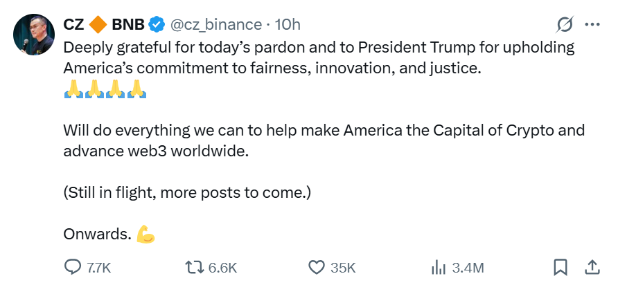 CZ bày tỏ sự biết ơn với chính quyền Mỹ đương nhiệm (Nguồn: X)