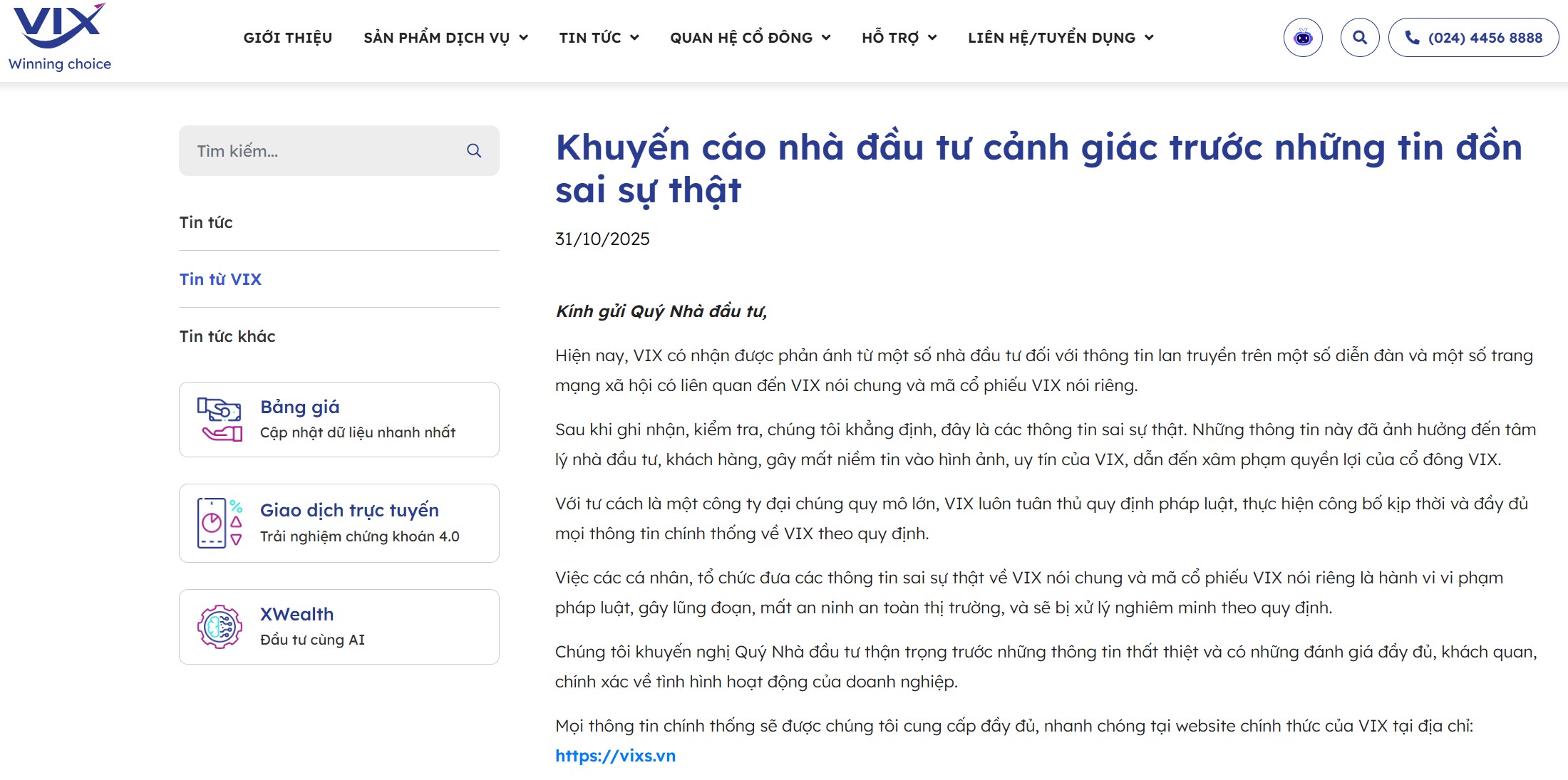 Dân tình đồn gì mà VIX phải ra thông cáo thế này nhỉ?