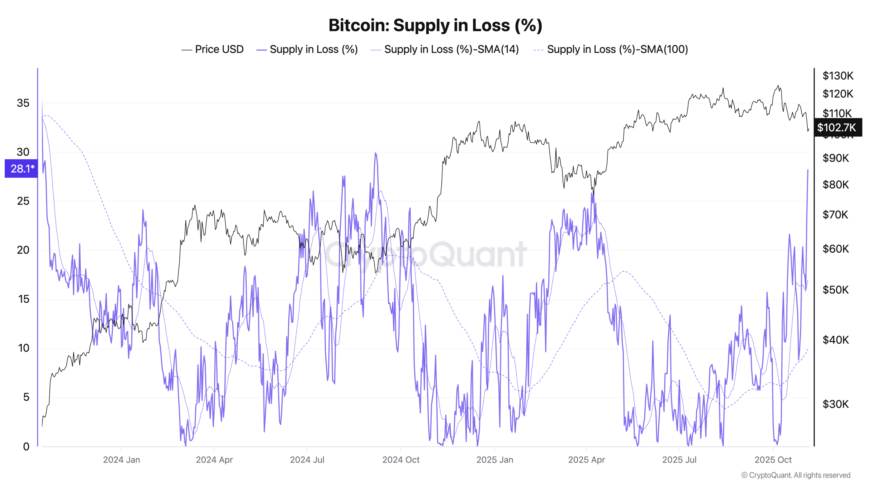 Khoảng 33% tổng nguồn cung Bitcoin đang ở trạng thái thua lỗ (Nguồn: CryptoQuant)