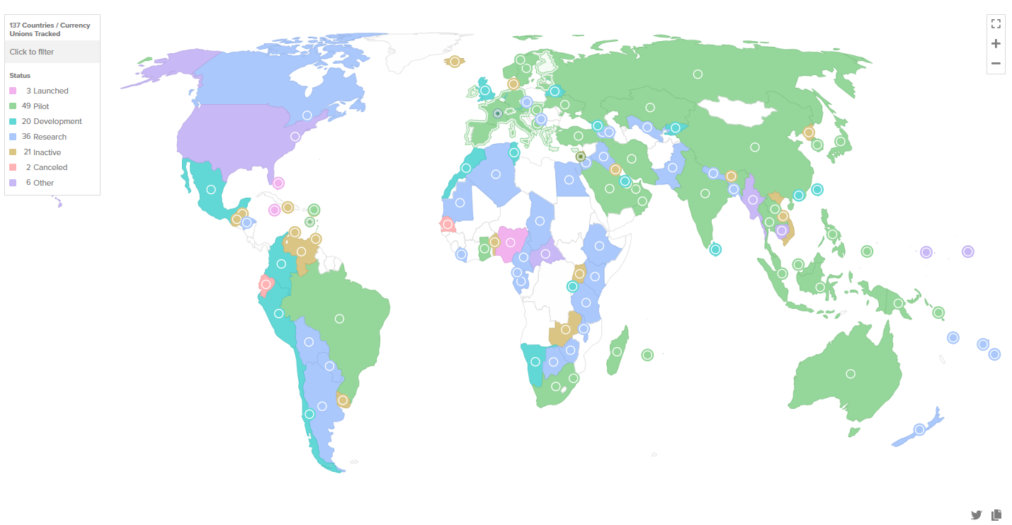 3 quốc gia đã chính thức phát hành CBDC, 105 quốc gia khác đang ở các giai đoạn nghiên cứu, phát triển hoặc thử nghiệm thí điểm (pilot) (Nguồn: Nguồn: Hội đồng Đại Tây Dương)