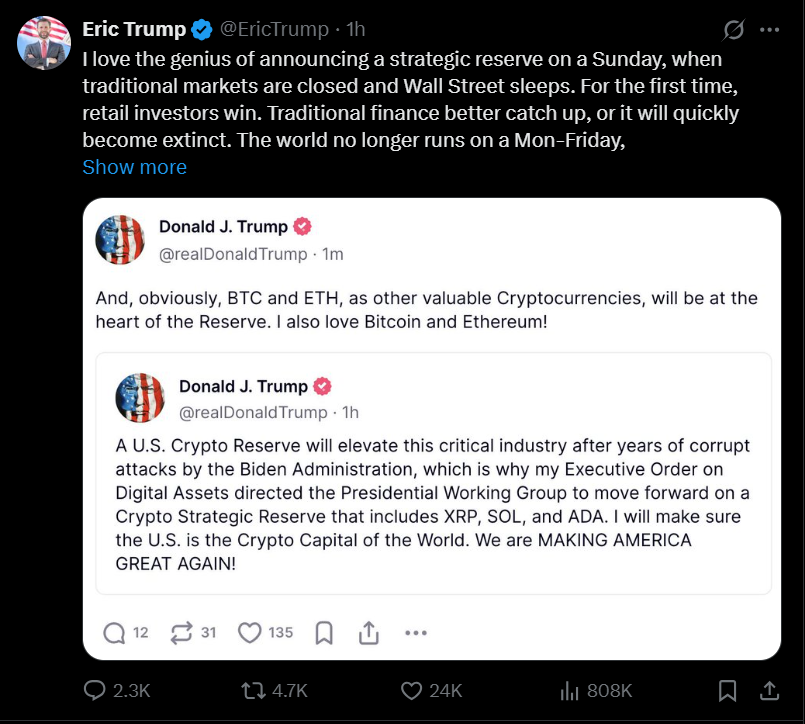 Bài đăng của Eric Trump trên mạng xã hội X