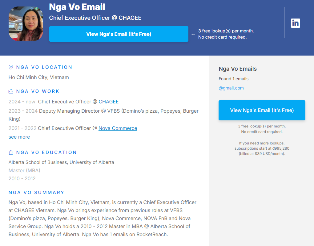 Profile của bà Võ Thị Thiên Nga - tự nhận là CEO Chagee Vietnam - trên một trang tuyển dụng