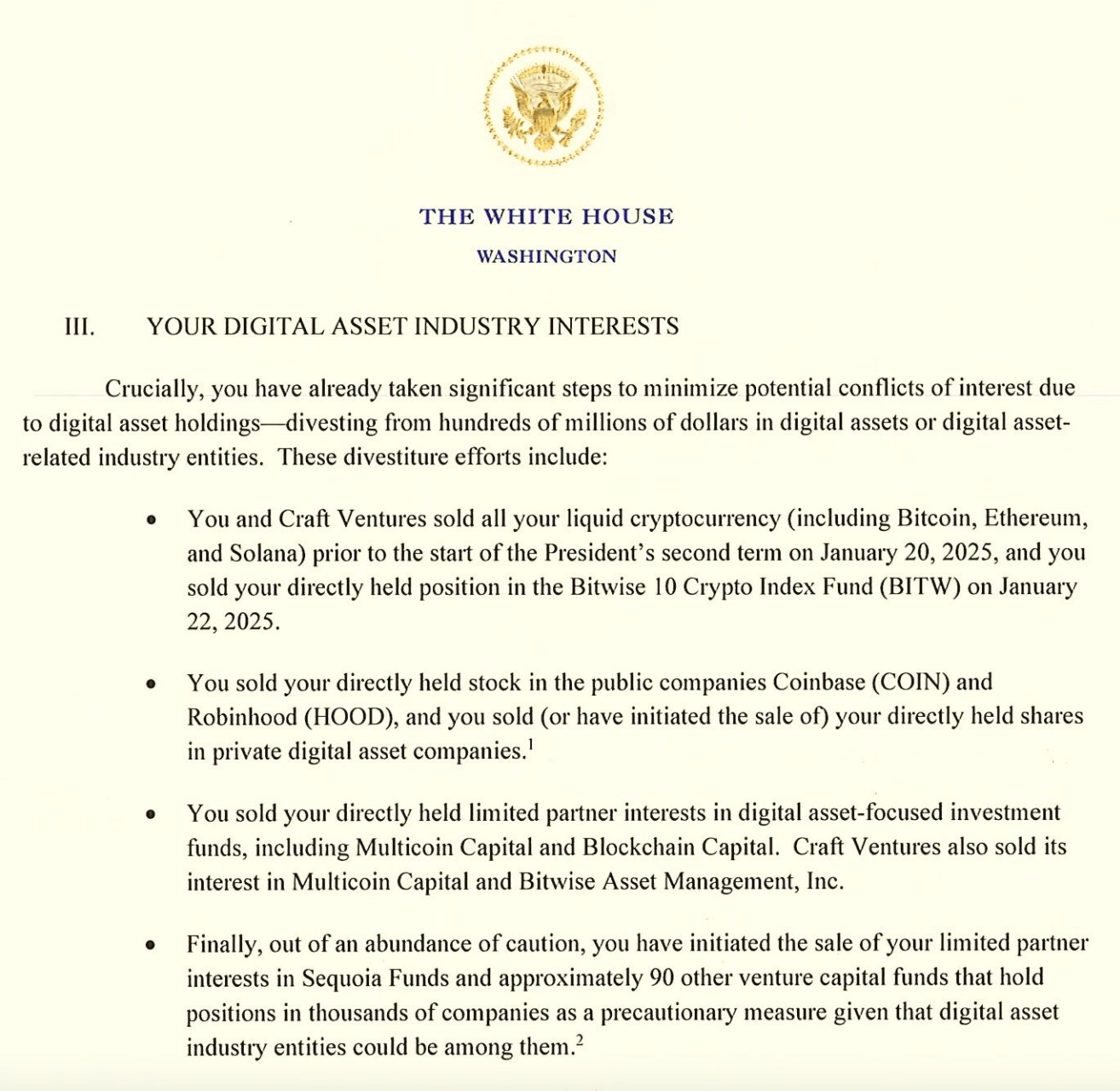 Tài sản và cổ phiếu liên quan đến Crypto mà ông David Sacks đã bán trước khi Trump nhậm chức (Nguồn: White House)