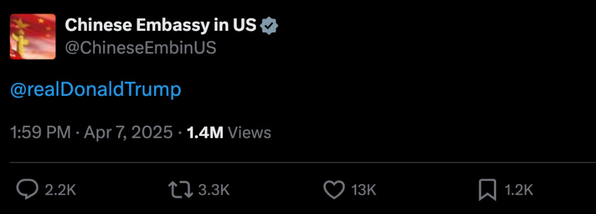 Đại sứ quán Trung Quốc tại Mỹ đã tag Tổng thống Trump trên mạng xã hội X trong một bài đăng mà không có bất kỳ thông tin gì đi kèm...