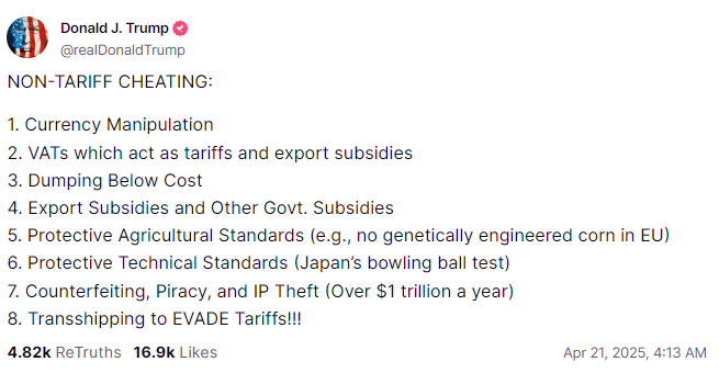 Bài đăng nêu 8 hành vi gian lận phi thuế quan của ông Donald Trump trên Truth Social (Ảnh chụp màn hình)