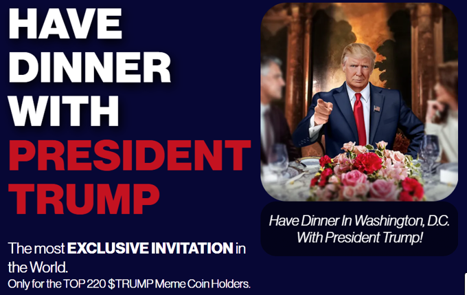 Top 220 người hold memecoin $TRUMP, sẽ sở hữu “vé vàng” ăn tối với Tổng thống Mỹ
