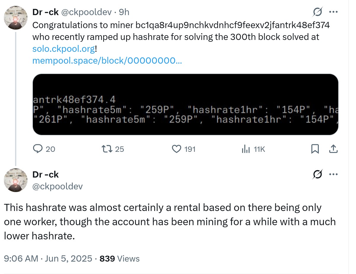 Con Kolivas suy đoán thợ đào đã thuê tạm hashrate (Nguồn: X) Con Kolivas suy đoán thợ đào đã thuê tạm hashrate (Nguồn: X)
