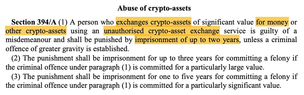 Trích Bộ luật  Bộ luật Hình sự Hungary được cập nhật với các hình phạt mới cho hành vi sử dụng sàn giao dịch tiền điện tử trái phép (Nguồn:Cơ sở dữ liệu Luật pháp Quốc gia Hungary )