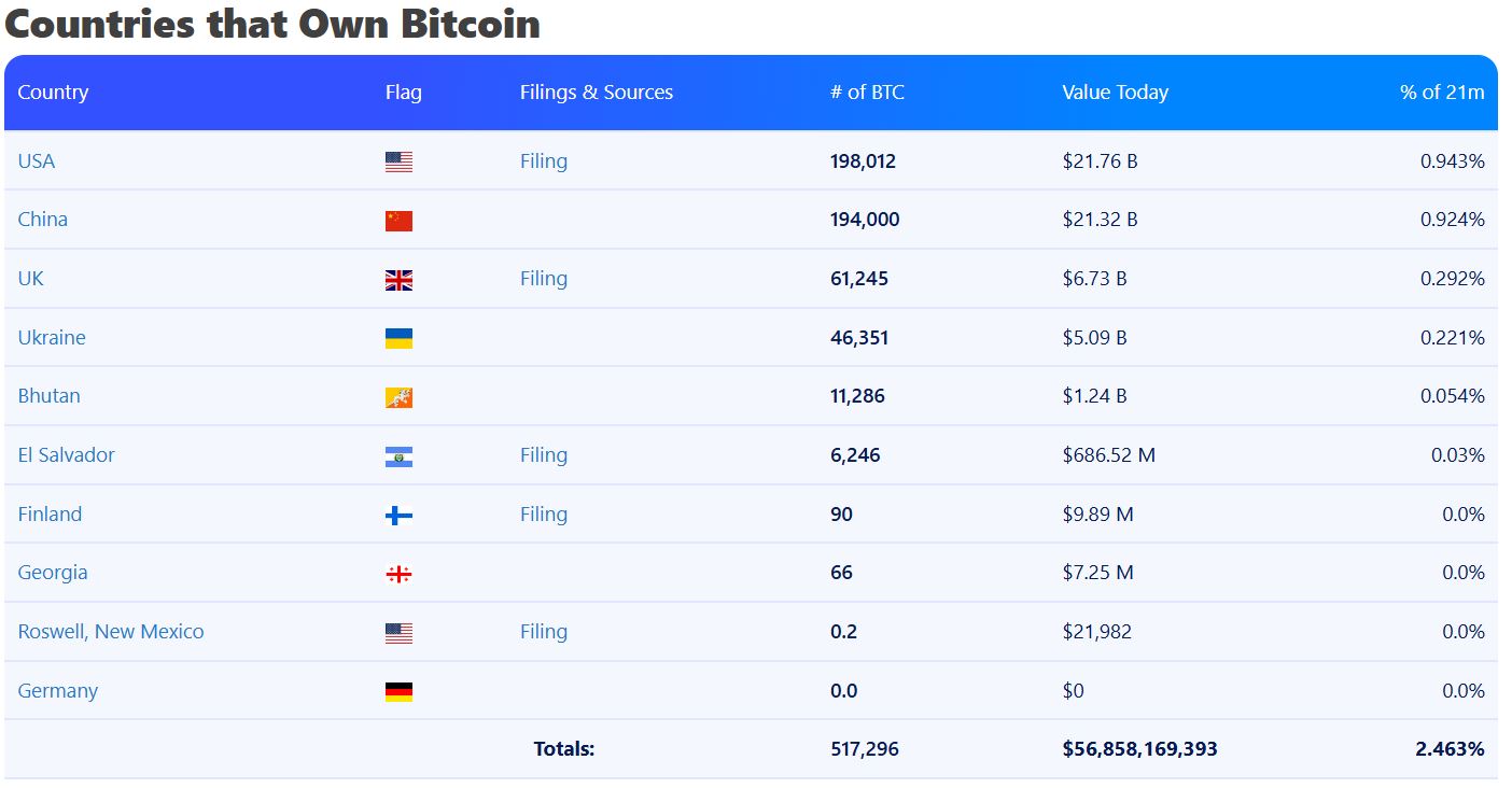 Top các quốc gia nắm giữ nhiều BTC nhất toàn cầu (Nguồn: BitBo)