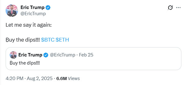 Con trai của Tổng thống Trump kêu gọi gom mạnh BTC, ETH khi giá giảm (Nguồn: X) Con trai của Tổng thống Trump kêu gọi gom mạnh BTC, ETH khi giá giảm (Nguồn: X)