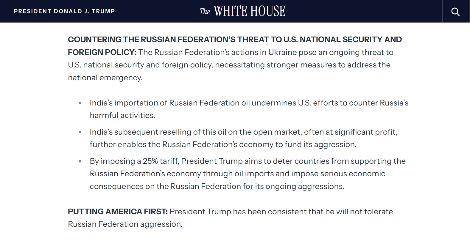 Ông Trump nâng mức thuế quan với Ấn Độ lên 50%: Căng thẳng thương mại leo thang vì dầu Nga (Nguồn: whitehouse.gov) Ông Trump nâng mức thuế quan với Ấn Độ lên 50%: Căng thẳng thương mại leo thang vì dầu Nga (Nguồn: whitehouse.gov)