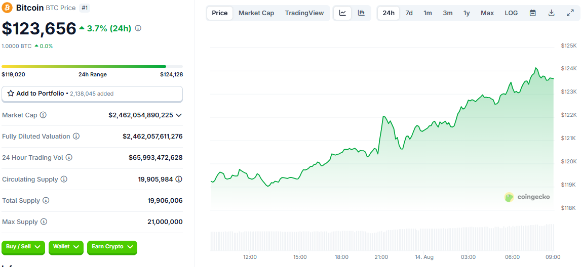 Diễn biến giá Bitcoin trong 24h qua (Nguồn: CoinGecko)