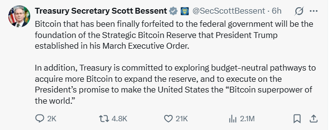 Bộ trưởng Tài chính Mỹ để ngỏ khả năng bổ sung BTC vào kho dự trữ chiến lược của Mỹ (Nguồn: X)