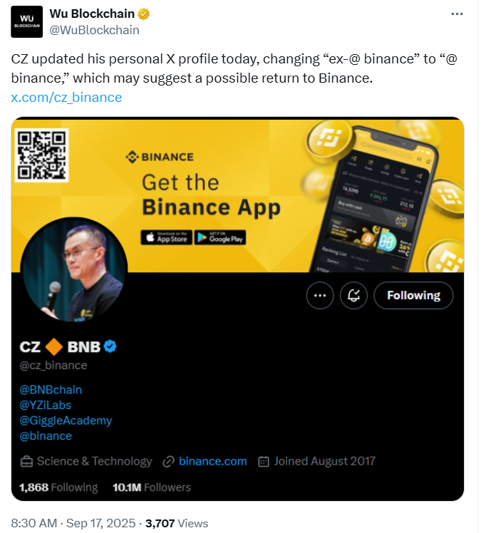 Giới crypto xôn xao việc CZ tái xuất tại Binance (Nguồn: X) Giới crypto xôn xao việc CZ tái xuất tại Binance (Nguồn: X)