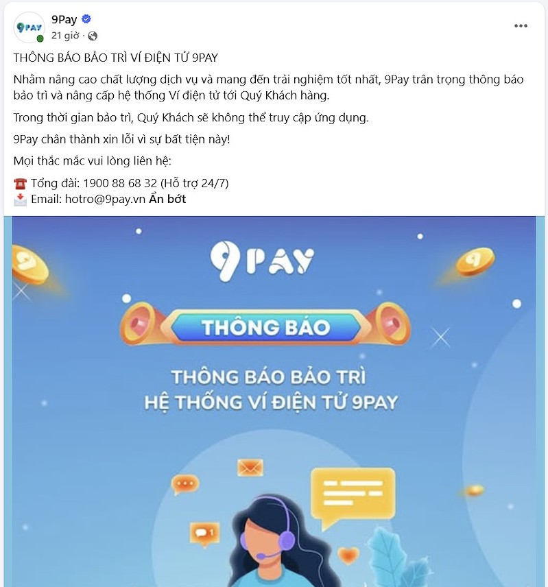 Fanpage chính danh của 9Pay thông báo bảo trì ví điện tử