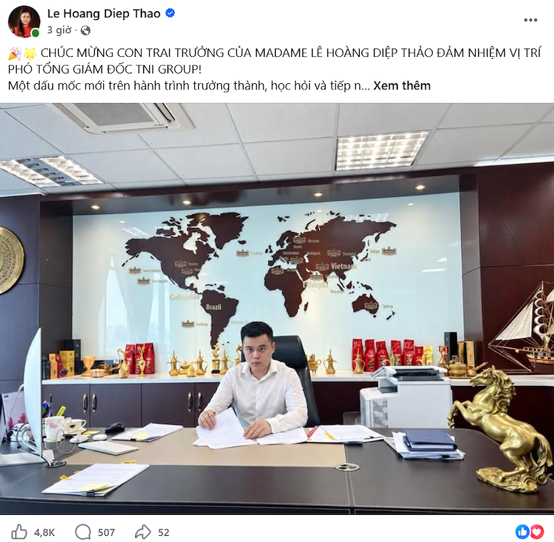 Bà Lê Hoàng Diệp Thảo chúc mừng con trai trưởng Đặng Lê Trung Nguyên đảm nhiệm vị trí Phó Tổng giám đốc TNI Group