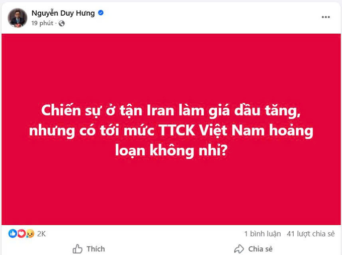 Lão đại chứng khoán Nguyễn Duy Hưng lên tút sau cú sụt hơn 100 điểm của VN-Index