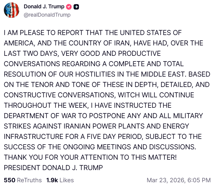 Tổng thống Donald Trump viết trên Truth Social lúc 18h05 ngày 23/3 (giờ Việt Nam) Tổng thống Donald Trump viết trên Truth Social lúc 18h05 ngày 23/3 (giờ Việt Nam)
