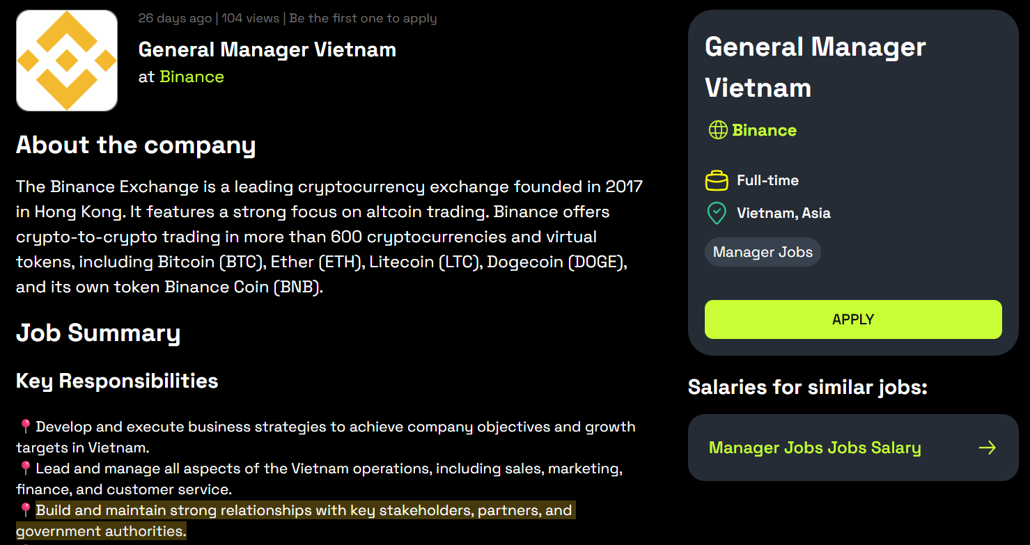 Thông tin Binance tuyển Tổng Giám đốc tại Việt Nam (Ảnh: BeinCrypto)