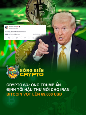 Crypto 6/4: Ông Trump ấn định tối hậu thư mới cho Iran, Bitcoin vọt lên 69.000 USD