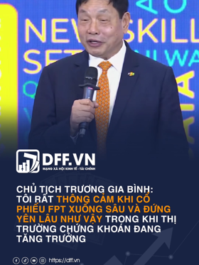 Chia sẻ về câu chuyện giá cổ phiếu FPT tạiphiên họp thường niên chiều 16/4, Chủ tịch Trương Gia Bình cho biết: Tôi rất thông cảm khi cổ phiếu FPT xuống sâu và đứng yên lâu như vậy trong khi thị trường chứng khoán đang tăng trưởng.