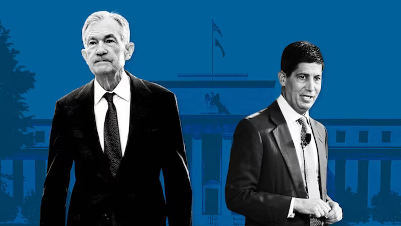 Chủ tịch Cục Dự trữ Liên bang Mỹ Jerome Powell (trái) và ứng viên kế nhiệm Kevin Warsh (phải) (Ảnh: Financial Times)