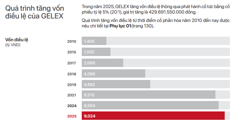 Quy mô vốn điều lệ của Gelex tăng chậm từ năm 2021 đến nay (Nguồn: Báo cáo thường niên 2025)