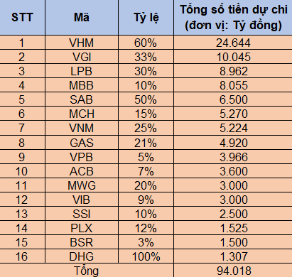 Kế hoạch chia cổ tức của một số công ty 
