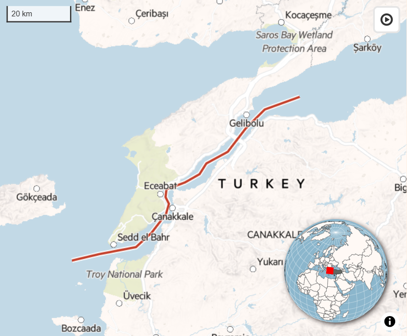 Eo biển Dardanelles dài 61 km, nối Biển Aegean với Biển Marmara. Mỗi năm có khoảng 46.000 tàu thuyền đi qua tuyến đường thủy này.