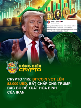 Crypto 11/5: Bitcoin vọt lên 82.000 USD, bất chấp ông Trump bác bỏ đề xuất hòa bình của Iran