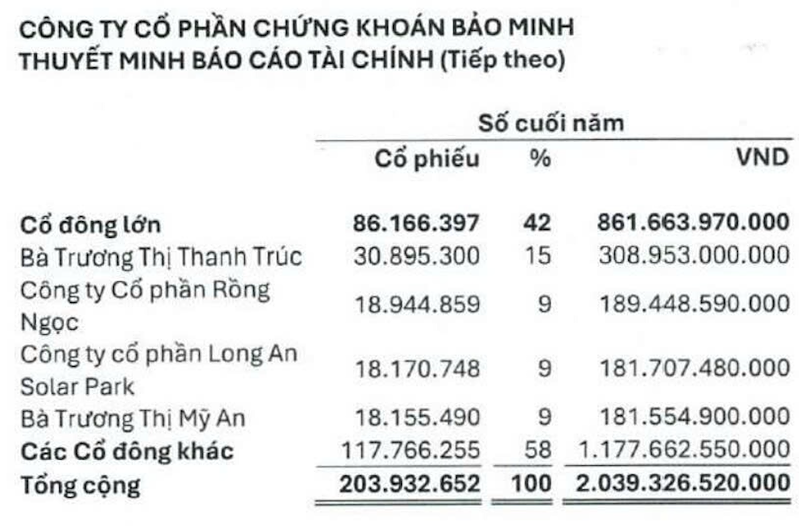 Danh sách cổ đông lớn của BMSC tại ngày 31/12/2025 (Nguồn: Thuyết minh BCTC)