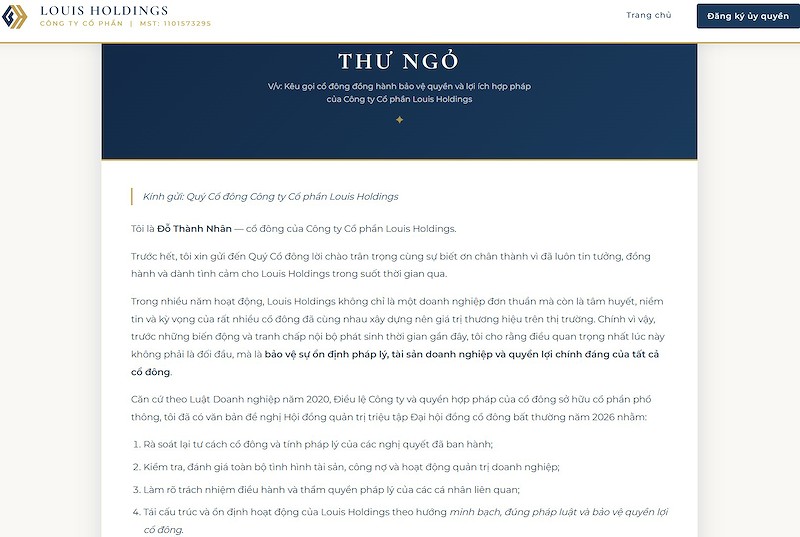Thư ngỏ ông Đỗ Thành Nhân gửi cổ đông Louis Holdings (Ảnh chụp màn hình)
