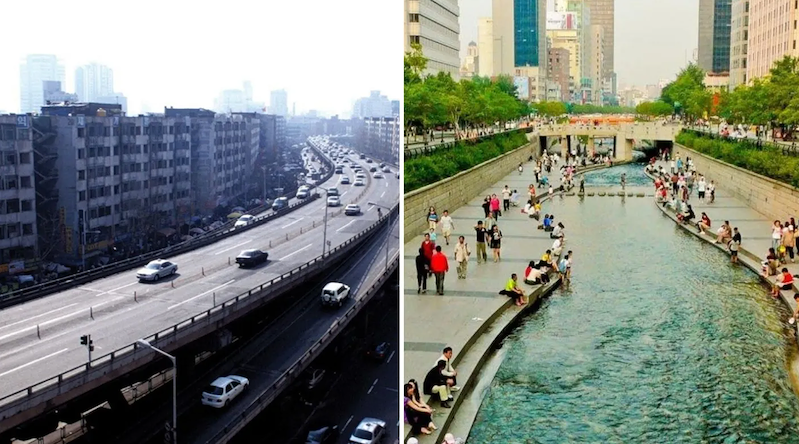 Cheonggyecheon năm 1958 và ngày nay Cheonggyecheon năm 1958 và ngày nay