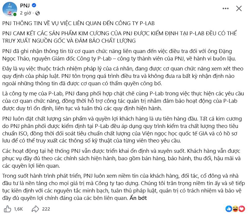 Thông cáo của PNJ sáng 3/7 (Ảnh chụp màn hình)