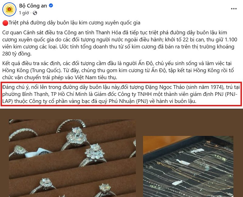 Thông cáo của Bộ Công an về vụ triệt phá đường dây buôn lậu kim cương (Ảnh chụp màn hình)