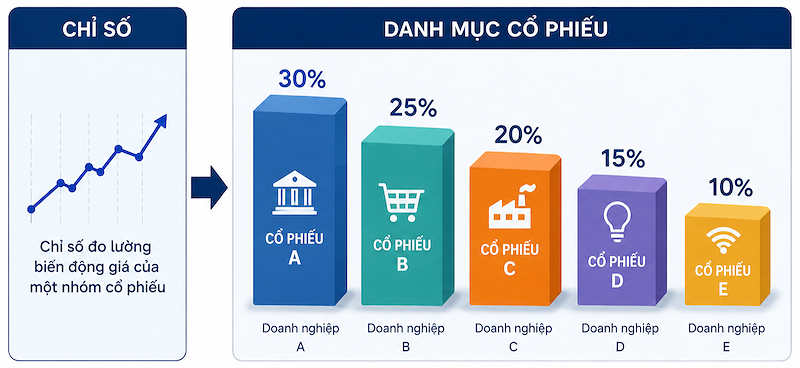 Một chỉ số chứng khoán gồm nhiều cổ phiếu được lựa chọn và xác định tỷ trọng theo bộ quy tắc nhất định