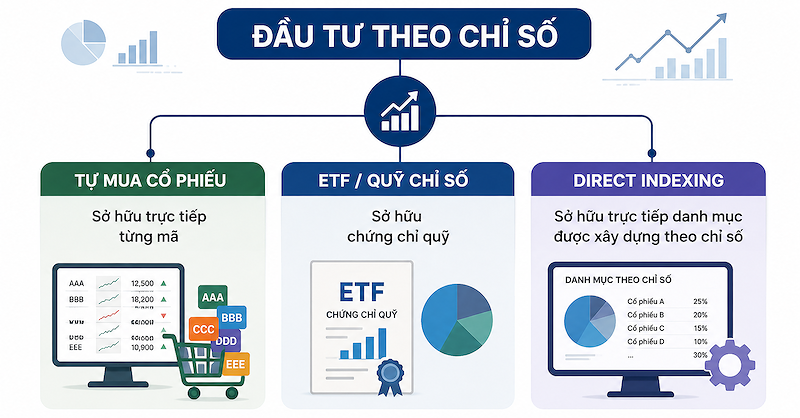 Nhà đầu tư có thể tiếp cận một chỉ số bằng cách tự xây danh mục, thông qua ETF/quỹ chỉ số hoặc Direct Indexing