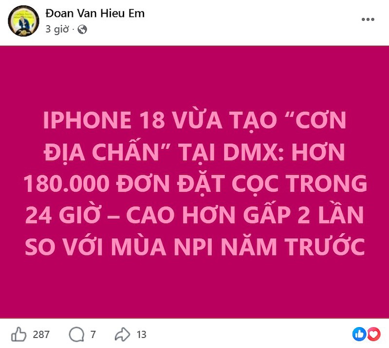 Dòng trạng thái trên trang cá nhân của ông Đoàn Văn Hiểu Em tối 13/9