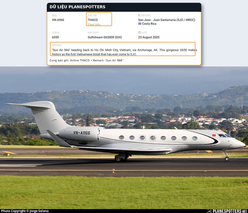 VN-A966 tại San José, Costa Rica tháng 8/2025. Planespotters xếp máy bay dưới tên THACO nhưng phần chú thích chuyến bay lại ghi “Sun Air 966” (Ảnh: Jorge Solano/Planespotters) VN-A966 tại San José, Costa Rica tháng 8/2025. Planespotters xếp máy bay dưới tên THACO nhưng phần chú thích chuyến bay lại ghi “Sun Air 966” (Ảnh: Jorge Solano/Planespotters)